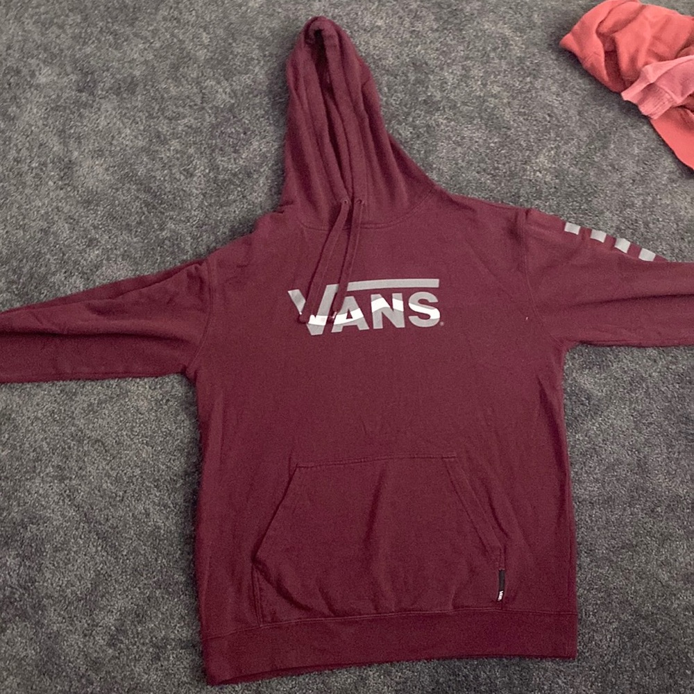 Brand is vans, size large, maroon, a sweatshirt